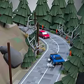 Modern Forest Road Scene With Winding Path Red Car And Blue Truck