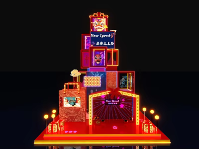Festive New Year's Colorful Decorative Installation With Neon Lights Red Stage And Decorations 3d model