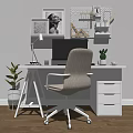 Modern Workspace Desk With Computer Monitor White Chair Desk Lamp Potted Plants And Decorative Frames