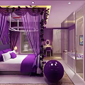 Purple Themed Hotel Guest Room With Four Poster Bed Floral Decor And Canopy