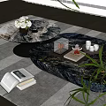 Elegant Marble Coffee Table With Floral Bouquet Books And Candle Tray In Modern Living Space