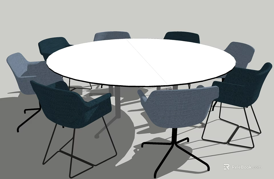 Modern Round White Tabletop With Blue Gray Chairs And Metal Legs Set 3d model 