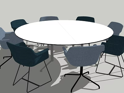 Modern Round White Tabletop With Blue Gray Chairs And Metal Legs Set 3d model