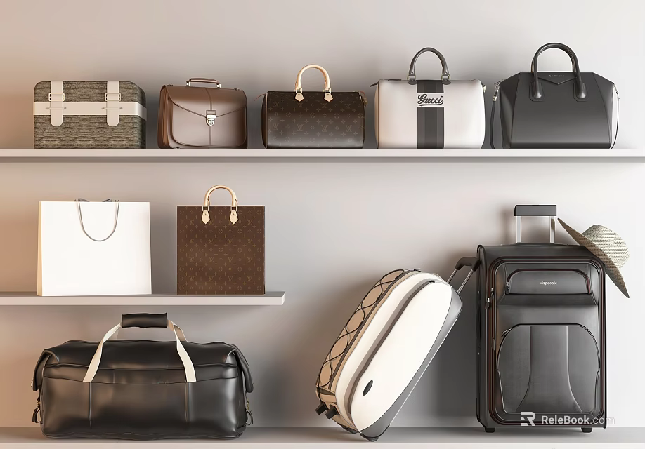 Assorted Stylish Bags And Suitcases With Various Styles Colors Designs On Shelves 3d model 