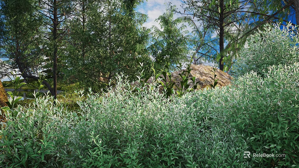 Lush Green Bush Foliage In Outdoor Garden Surrounded by Tall Trees and Stone 3d model 