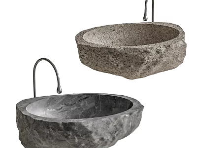 Natural Stone Washbasins Oval Shaped Design with Curved Faucets for Bathroom Interior 3d model