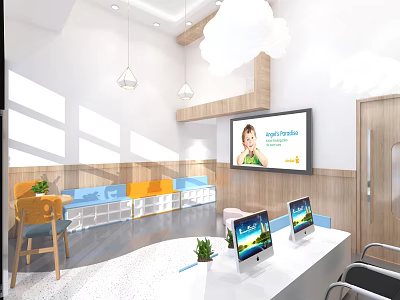 Kindergarten Interior With Colorful Seats Cloud Lights Large Screen Computers And Bright Lighting 3d model