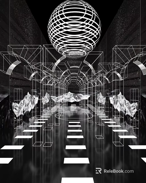 Futuristic Abstract Space Featuring Geometric Arches Suspended Rocks Steps And Circular Decor 3d model 