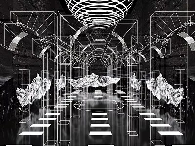 Futuristic Abstract Space Featuring Geometric Arches Suspended Rocks Steps And Circular Decor 3d model