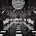 Futuristic Abstract Space Featuring Geometric Arches Suspended Rocks Steps And Circular Decor
