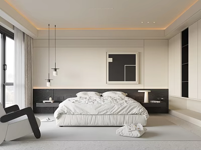 Modern Bedroom Interior Design With White Bedding Hanging Lamps And Wall Art 3d model