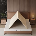 Modern Brown Leather Headboard Bed Frame With Beige Striped Mattress And Wooden Panel Wall