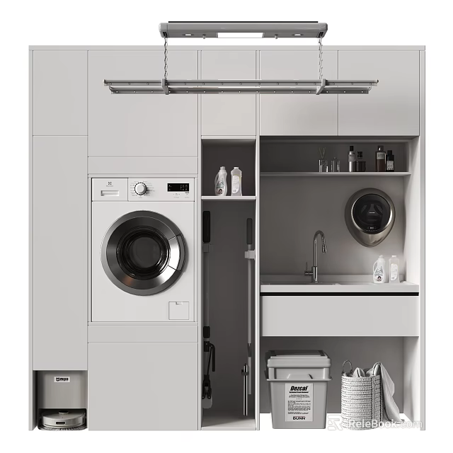 Sleek White Built-in Washing Machine in Modern Laundry Room Design with Storage Cabinets and Sink 3d model 