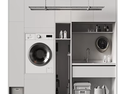 Sleek White Built-in Washing Machine in Modern Laundry Room Design with Storage Cabinets and Sink 3d model