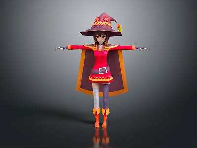 Magical Game Character In Red Dress With Purple Wizard Hat And Orange Cape Arms Outstretched 3d model