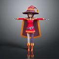 Magical Game Character In Red Dress With Purple Wizard Hat And Orange Cape Arms Outstretched