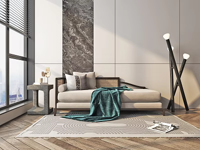 Elegant Chaise Lounge With Throw Blanket Marble Wall Art Floor Lamp And City View Window 3d model