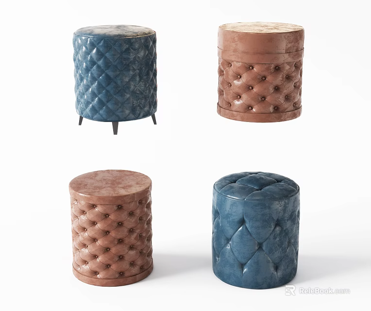 Blue and Brown Upholstered Ottomans with Diamond Tufted and Button Tufted Patterns 3d model