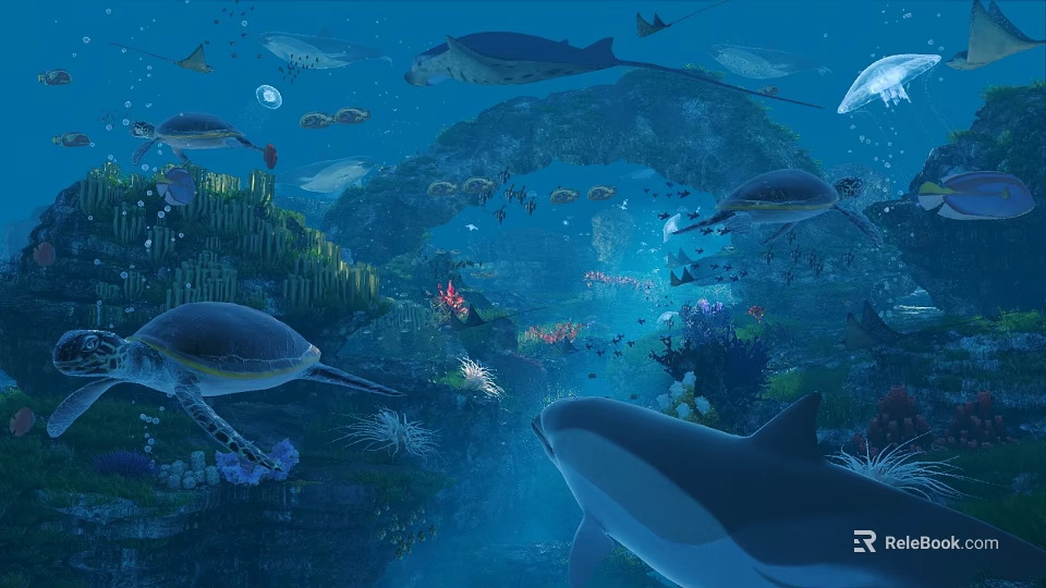 Underwater Marine Life Scene With Turtles Dolphins Fish Jellyfish And Coral Reef 3d model 
