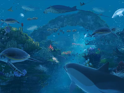 Underwater Marine Life Scene With Turtles Dolphins Fish Jellyfish And Coral Reef 3d model