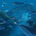 Underwater Marine Life Scene With Turtles Dolphins Fish Jellyfish And Coral Reef
