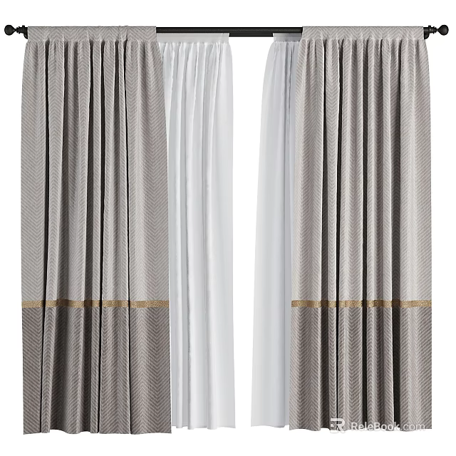 Elegant Modern Gray And White Curtains With Gold Trim Textured Fabric Design 3d model 