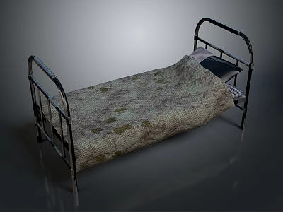 Single Bed With Metal Frame And Floral Pattern Quilt Black Pillow 3d model