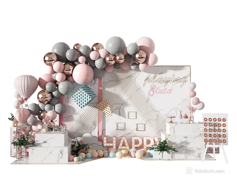 Birthday Party Setup With Pink Gray Gold Balloons Happy Letters Backdrop And Cake Table 3d model 