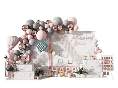 Birthday Party Setup With Pink Gray Gold Balloons Happy Letters Backdrop And Cake Table 3d model
