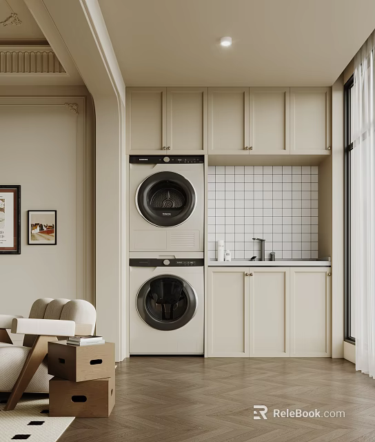 Home Balcony With Stacked Washer Dryer Beige Cabinets And White Tiled Wall 3d model 