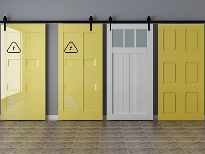 Yellow And White Barn Doors With Glass Panels And Solid Designs 3d model