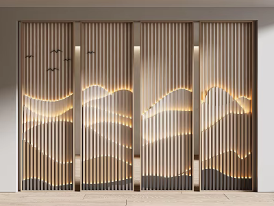 Modern Wooden Room Divider With Vertical Slats And Mountain Pattern Illuminated By LED Lighting 3d model