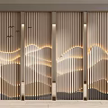 Modern Wooden Room Divider With Vertical Slats And Mountain Pattern Illuminated By LED Lighting
