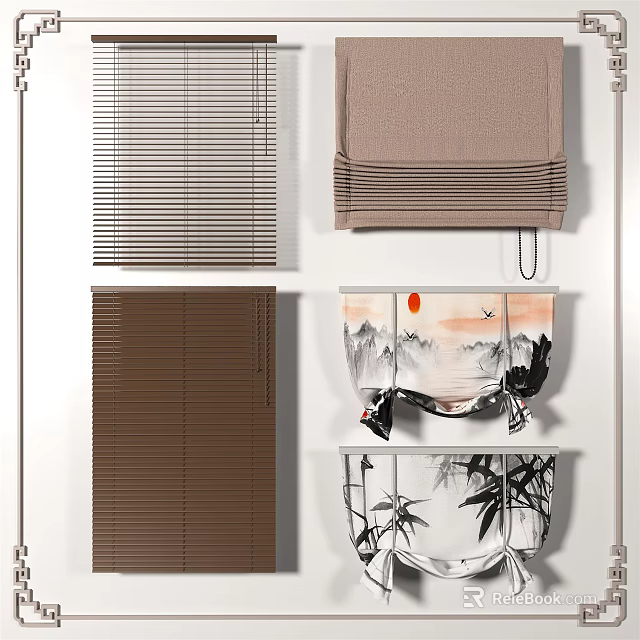 Modern Window Blinds In Various Colors With Landscape And Bamboo Patterns 3d model