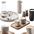 Modern Cups With Coffee Latte And Glassware On Wooden White Trays