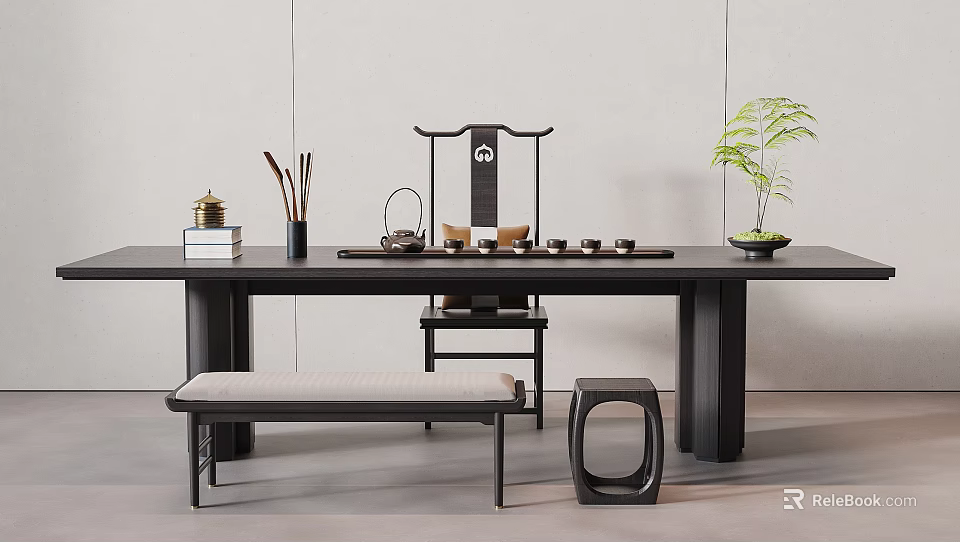 Chinese Style Dark Wooden Tea Table with Chairs Bench and Tea Set Decorative Potted Plant 3d model 