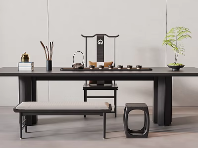 Chinese Style Dark Wooden Tea Table with Chairs Bench and Tea Set Decorative Potted Plant 3d model