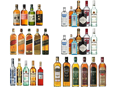 Assorted Alcohol Bottles and Glasses Display With Various Liquor Types and Arrangement 3d model