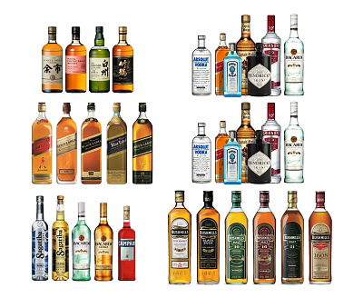 Assorted Alcohol Bottles and Glasses Display With Various Liquor Types and Arrangement 3d model