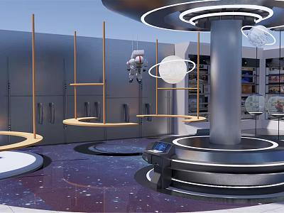 Modern Shopping Mall Store Featuring Space Theme Astronaut Decor Circular Lights And Starry Floor 3d model