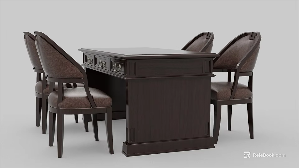 Dark Wood Dining Table Set With Upholstered Chairs And Drawers 3d model