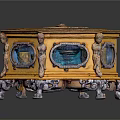 Decorative Octagonal Yellow Box With Intricate Top Design Blue Motif Side Panels And Silver Feet