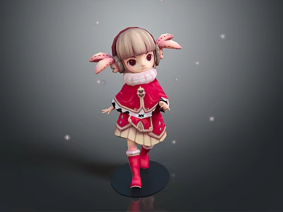 Cute Little Girl Doll with Rabbit Ears Brown Hair Red Boots and Pink Sparkles 3d model