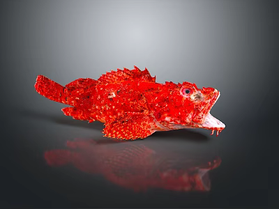 Red Spotted Aquatic Animal With Open Mouth And Unique Fins On Reflective Surface 3d model