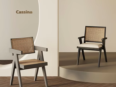 Cassina Modern Chairs With Rattan Backrest Wooden Frame And White Cushion 3d model