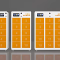 Three Orange Smart Lockers With Digital Screens And Numbered Storage Compartments 3d model