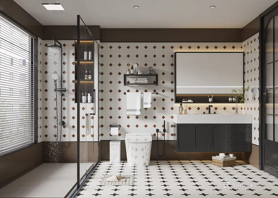 Modern Bathroom Interior With Glass Shower Polka Dot Tile Walls And Large Mirror 3d model 