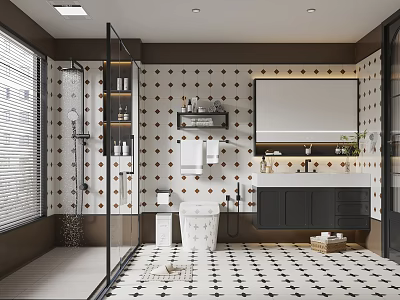 Modern Bathroom Interior With Glass Shower Polka Dot Tile Walls And Large Mirror 3d model