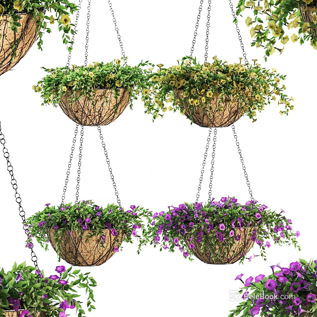 Multiple Woven Chain Hung Hanging Basket Plants With Purple Flowers And Green Foliage 3d model 