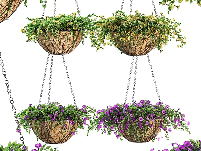 Multiple Woven Chain Hung Hanging Basket Plants With Purple Flowers And Green Foliage 3d model